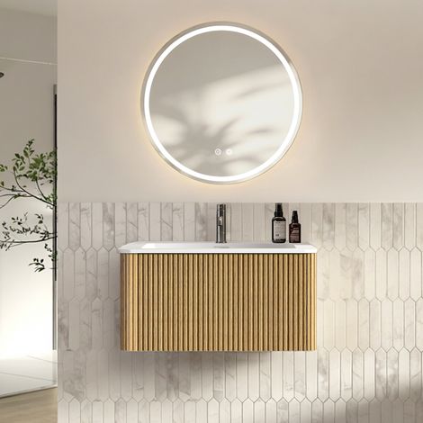 Conjunto de muebles de baño con espejo, mueble de lavabo de 80 cm con mueble bajo, armario de baño suspendido, premontado, armario a rayas con un cajón, acabado en roble. (1/5)