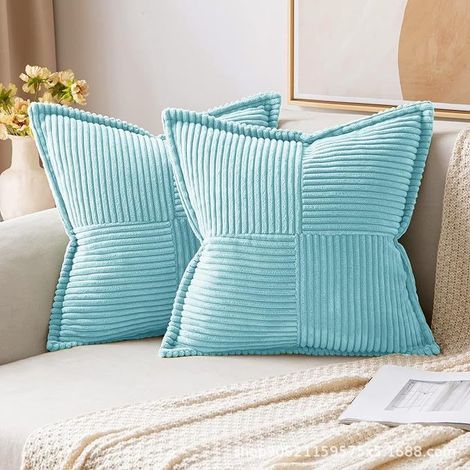 Housses de coussin de canapé. velours côtelé beige avec motif croisé. pour chambre à coucher. salon. lot de 2 taies d'oreiller 45 x 45 cm，bleu clair