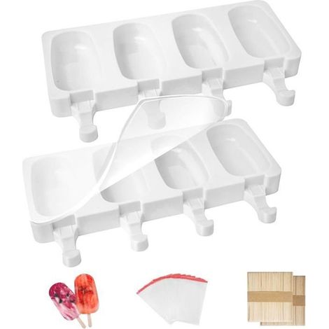 2 stampi per ghiaccioli in silicone, antiaderenti, con coperchio in silicone, 100 bastoncini di legno e 50 sacchetti per ghiaccioli, senza BPA (1/5)