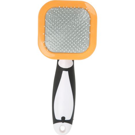 Brosse de toilettage pour petits animaux (lapins) avec tête rotative à 360° pour éliminer les poils morts et flottants. Tête orange et manche blanc.