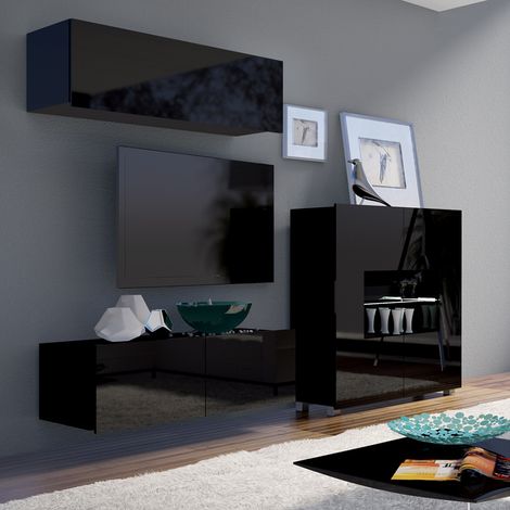 TV-Möbel Set mit Highboard und LED Beleuchtung in schwarz Hochglanz CAIRNS-132, B/H/T 220/200/43 cm (1/5)