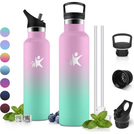 Gourde Isotherme 750ml, Bouteille d'eau , Gourde Inox avec Paille pour l'École, Bureau, Extérieur, Camping, Cyclisme, Voyage (1/5)