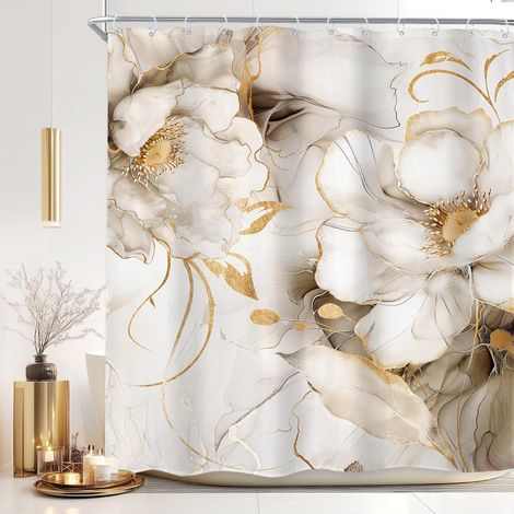 Rideau de douche en marbre 152,4 x 183 cm (l x L) Blanc doré ombré abstrait de luxe floral moderne Texture d'encre minimaliste Ensemble de salle de bain élégant pour filles Accessoires (1/5)