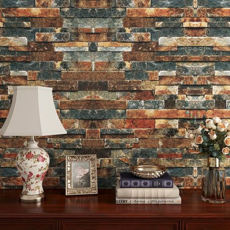 40CM×6M Papier Peint Brique Pierre Mural Effet 3D Vinyle Adhesif Meuble Rouge Bleu Marron Autocollant Mural Chambre Cheminée Vintage Imperméable Papier Adhesif pour Meuble Cuisine Brique (1/5)