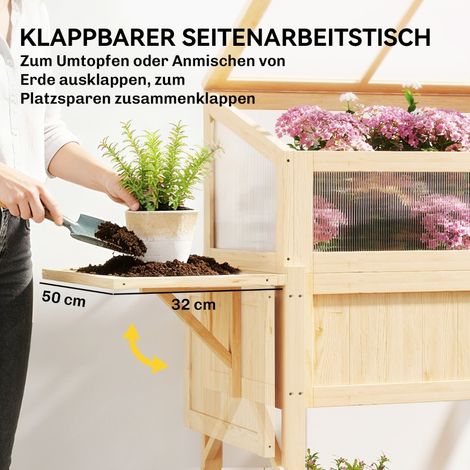 Coffre de jardin surélevé en bois avec serre rabattable, bac à plantes à hauteur, table latérale et rangement, bois naturel (1/5)