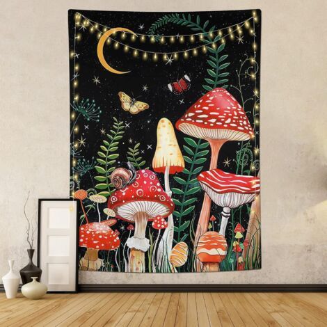 Champignon Tapisserie Lune et Étoiles Tapisserie Murale Papillon Tapisserie Verticale Esthétique Tarot Tapisserie Tenture Murale pour Chambre Salon Décor (M/130x150cm, Noir)