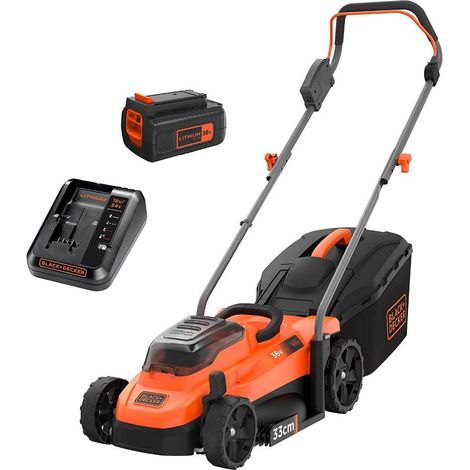 Cortacésped de 33 cm y 18V, de 25 a 65 mm de altura, función mulching, saco recolector de 35 L - BLACK+DECKER - con 2 baterías de 18V 4Ah y cargador - BCMW33184L2-QW