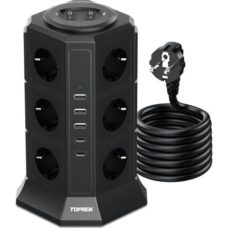 Steckdosenleiste mit 2 Schaltern, 12 Steckdosen, 3 USB-A-Anschlüssen und 2 USB-C-Anschlüssen, 4000 W/16 A, für das Homeoffice (schwarz) (1/4)