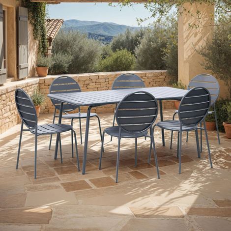 Ensemble table de jardin + 6 chaises rondes en métal gris - BACA
