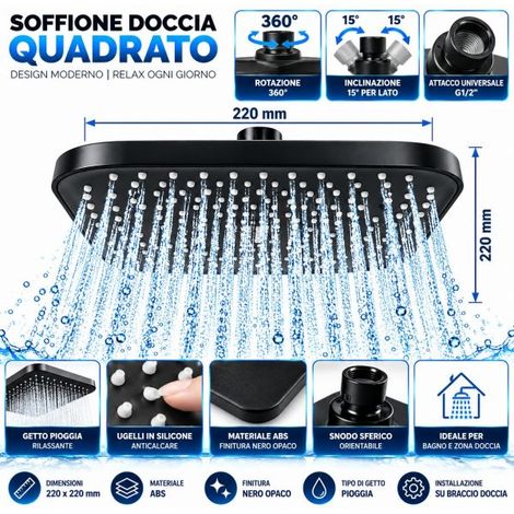 Soffione Doccia Quadrato 220x220mm Nero Opaco in ABS Getto Pioggia G1/2 360° (1/5)