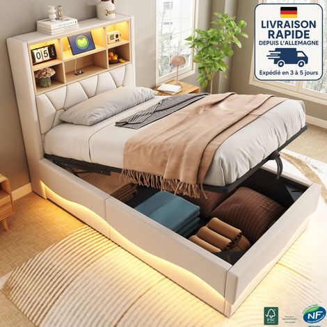 MODFU - Cama abatible de 90×200 cm con LED, cama infantil, cabecero con canapé, puerto USB, somier tapizado, sin colchón, lino, beige (1/5)