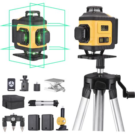 Niveau laser multifonctionnel 4D à 16 lignes, autonivelant à 3°, alimenté par batterie lithium rechargeable, avec rallonge de 1,2 m et trépied (prise UE). (1/5)