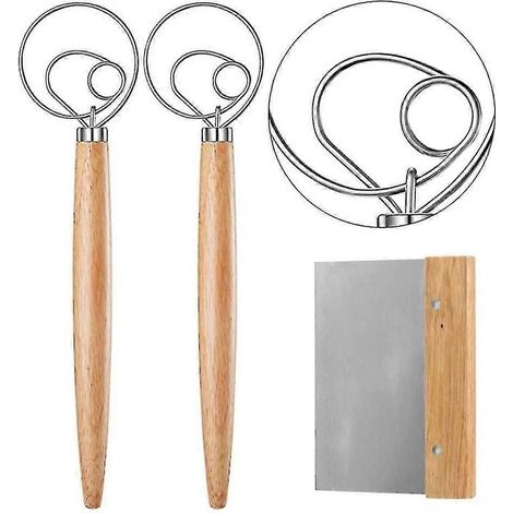 Ensemble de 2 pièces pour la pâte danoise avec manche en bois, comprenant un fouet, un batteur à pain et un coupe-pain. (1/4)