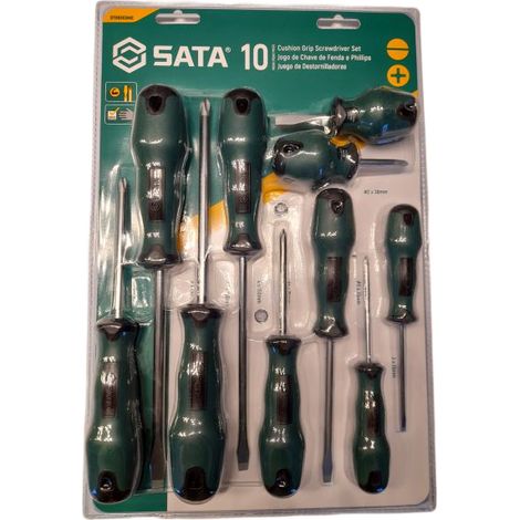 SATA, modelo ST09303ME, juego de destornilladores de 10 piezas, con puntas intercambiables, ideal para trabajos de precisión, durabilidad y diseño ergonómico.
