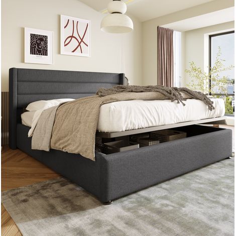 CHICFURN Cama canapé 160x200 cm de lino gris, hidráulica, con almacenaje, sin colchón (1/5)