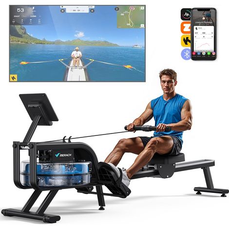 MERACH Rowing Machine for Home, Water Rower Machine with 6 Levels of Resistance, Bluetooth Function, Ipad Holder & Comfortable Seat, Vertical Storage