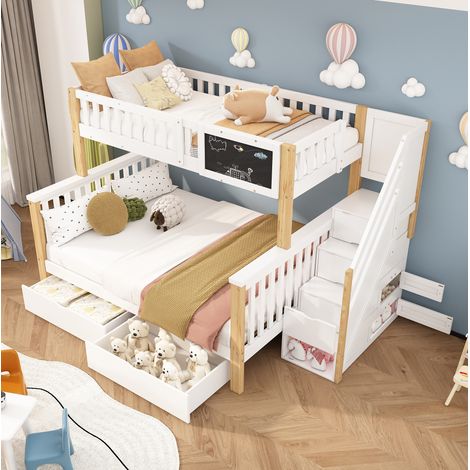 Etagenbett 90x200 cm, mit Tafel und Schubladen, Treppe mit Stauraum, Massivholz, Weiß und Hell Eiche (1/5)