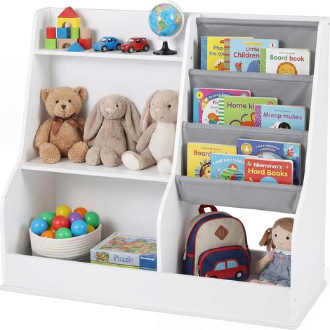 COSTWAY Libreria per Bambini Montessori, Scaffale a 3 Livelli con 3 Tasche in Oxford, Portagiochi con Anti-inversione per Cameretta e Sala Giochi, 89 x 35,5 x 80 cm