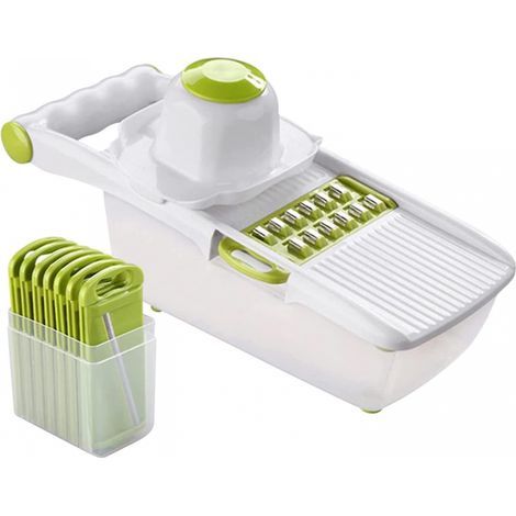 BEBUSINGOTO Rebanador de frutas y verduras 8 en 1, cortador multifunción de verduras, acero inoxidable intercambiable con recipiente para alimentos y protector de mano. (1/5)