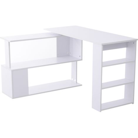 Bureau en L giratoire avec étagères, blanc, 120x110 cm