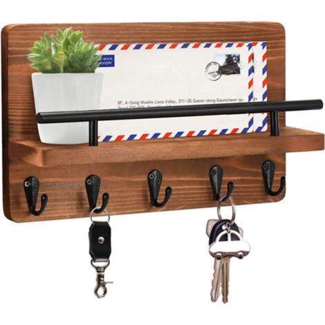 – Porte-clés mural en bois avec étagère flottante – 5 crochets décoratifs pour clés et courrier – Design rustique pour entrée et couloir (1/5)