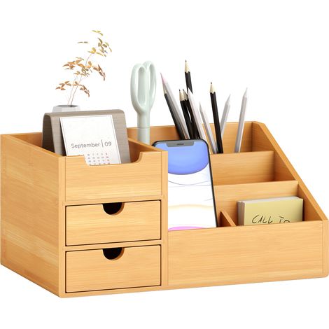 Organizer da Scrivania in Bambù con 2 Cassetti e 7 Scomparti Portaoggetti, 33x20.5x15.5 cm (1/5)