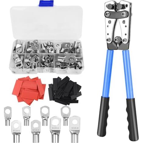Pince à Sertir Professionnelle pour Cosses 10-1/0 AWG (6-50mm²) - Avec 80 Bornes à Anneau en Cuivre + 80 Gainettes Thermorétractables, 8 tailles, Outil de Crimpage Électrique à Cliquet Multifonction (1/5)