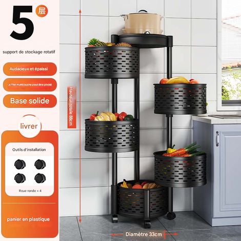 Chariot de Rangement Rotatif à 5 Niveaux pour Cuisine, Panier de Stockage pour Fruits et Légumes, Noir, 33cm de Diamètre (1/3)