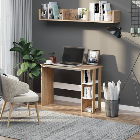 Scrivania Moderna in Legno con Scaffale a 3 Ripiani, 100x44x74cm, Bianco e Quercia