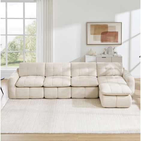 Sofá rinconero 4 plazas en L, modular sin marco, 1 otomana, chenilla beige OKMYHOME (1/5)