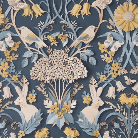 Fine Decor Navy Rabbit Butterfly Luxury Woodland Paste The Paper Wallpaper (1/3)