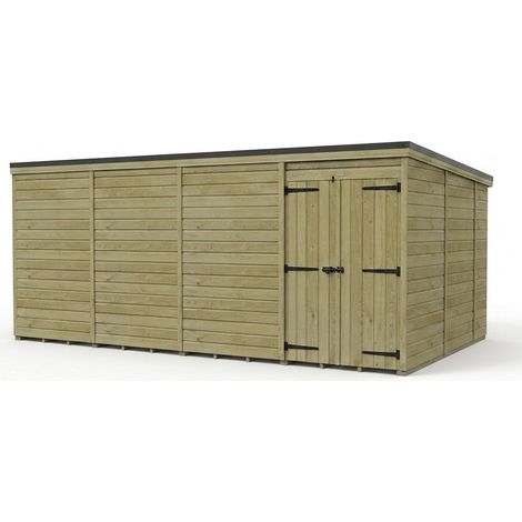 16ft x 10ft Pent Garden Shed Double Door No Windows - Pressure Treated Timber - L488 x W305 x H210 cm - Natural