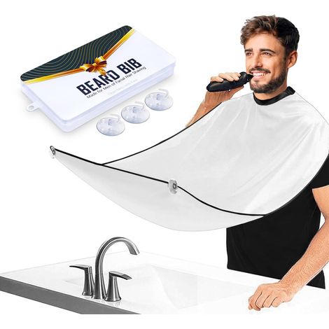 Tablier à Barbe Homme, Imperméable Cape de Rasage pour le Rasage, Soin Barbe, avec 3 Ventouses Adhésives, Cadeau pour Homme, Blanc (1/5)