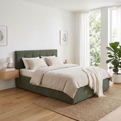Lit coffre en velours côtelé grosses côtes avec tête de lit capitonnée kaki 140x190 (1/5)