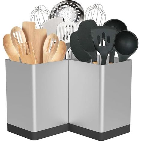 Porte-ustensiles, organisateur d’ustensiles de cuisine pour le plan de travail d’angle, organiseur d’ustensiles extra large avec 3 compartiments, décoration de ferme, fer, argent argenté (1/5)