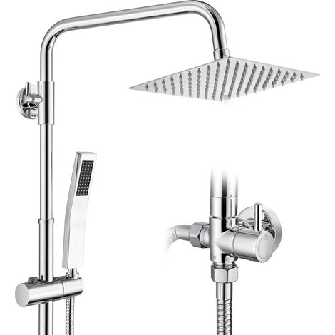 Duschsystem mit 2 Funktionen, Duschset ohne Armatur 8 Zoll eckige Regenbrause, Handbrause, höhenverstellbare Duschsäule, Chrom
