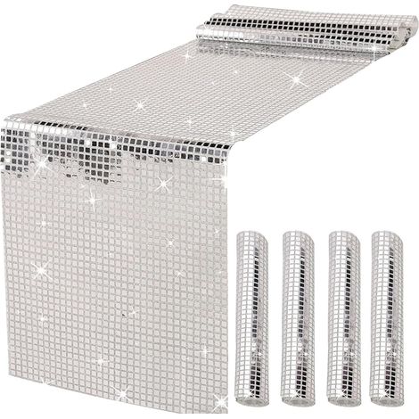 JSSEVN - 4-Piece Disco Table Runner Set, Silver Sequin Table Runner, for 70s 80s Disco Party Decorations, Birthdays, Weddings, 30x180 cm (1/5)