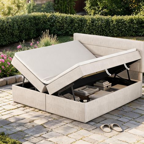 Cadre de lit beige en bois massif MDF 207 x 141 x 105 cm (1/5)