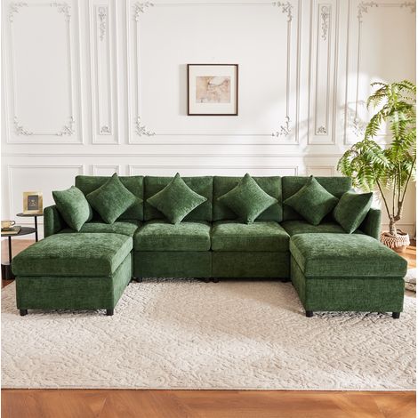 Divano modulare 278x161x81 cm verde in chenille con 2 pouf e 6 cuscini (1/5)