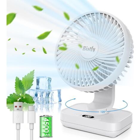 Ventilateur Automatique Oscillant, Ventilateur Bureau Silencieux Portable, 4500mAh Rchargeable Charge Rapide 2A, Puissant 4 Vitesses Affichage LED Ventilateur USB 5.5'' pour Bureau (Blanc) (1/5)