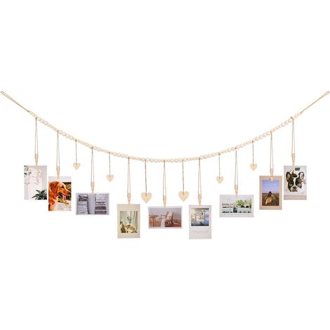 Support photo suspendu avec pinces, bannière photo en bois avec perles 9 pinces en bois, collage de cadre photo de style bohème, décoration murale, adapté pour chambre à coucher, bureau et chambre d' (1/5)