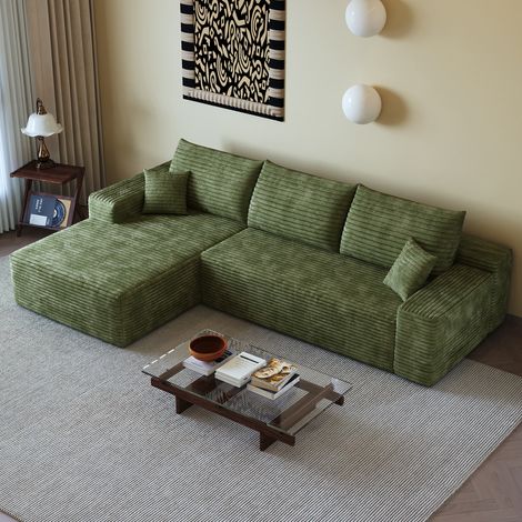 Canapé d'angle en L 270cm,canapé modulaire en velours côtelé, avec chaiselongue,canapé 3 place compression,assise profonde,vert