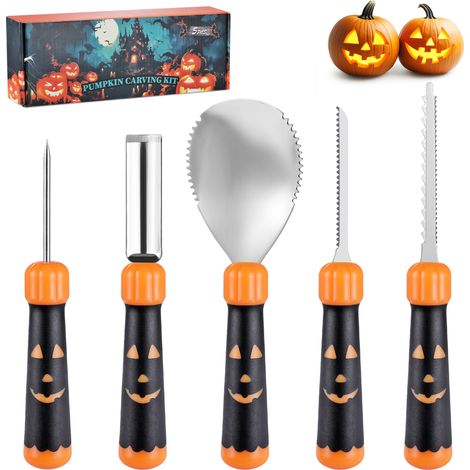 HAUSHOF Kit de Sculpture de Citrouille d'Halloween 5 Pièces, Outils Professionnels avec Cuillère, Scie, Perceuse, et Gouge à Motif, Couteaux en Acier Inoxydable pour DIY Halloween Décoration