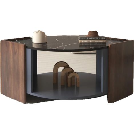 Table basse, marbre noir et noyer, diamètre 40 pouces, hauteur 18 pouces, compartiment de rangement, surface polie (1/5)