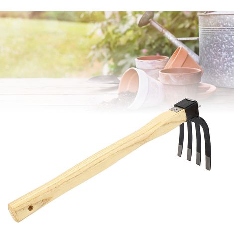 Vierzinkiger Rechen mit Holzstiel D201-1, Bodenfräse, Landwirtschaftsrechen, Gartenrechen, ideal zum Verdichten und Belüften des Bodens (1/5)