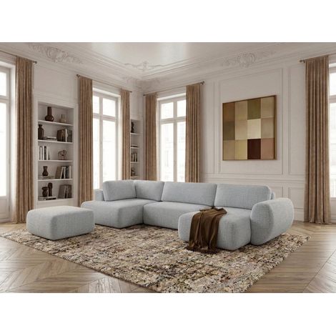 BOBOCHIC - Canapé panoramique convertible coffre DENISE tissu texturé avec pouf Angle droit  Gris clair