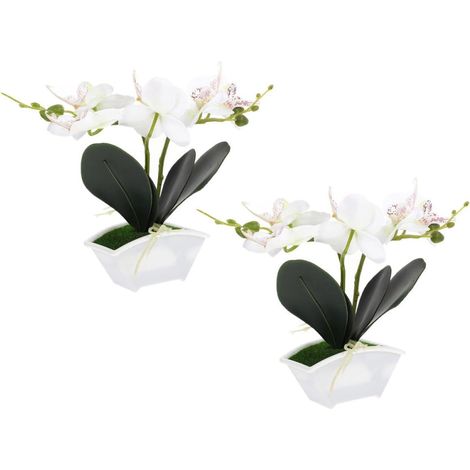 Lot de 2 Fleurs Artificielles en Pot Phalaenopsis Blanches Petite Plante Décorative Réaliste en Soie et Plastique pour Mariage Décoration Intérieure et Accessoires Photo (1/5)