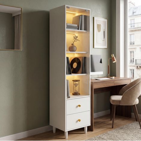 Vitrine avec éclairage LED, 4 étagères, 1 porte, 2 tiroirs, en MDF et verre, 40x35x165 cm (1/5)