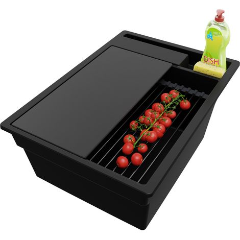 PRIMAGRAN Evier Cuisine en Granit 38x53cm,Lavabo 1 bac + Kit de Vidage + Accessoires, Évier à Encastrer au meuble 40cm - Oslo Pocket, Tout Noir (1/5)