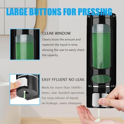 Dispensador de jabón de pared - 400 ml - Negro - Transparente Recargable - Para jabón, loción, gel - Organizador de baño y cocina (1/2)